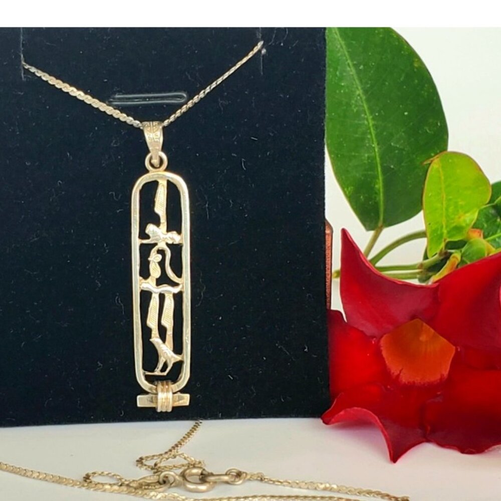 Vintage - Sterling Silver Necklace - Egyptian Cartouche - Hieroglyphics Necklace